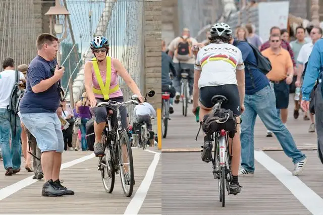 Cyclists and pedestrians battle on the Brooklyn Bridge